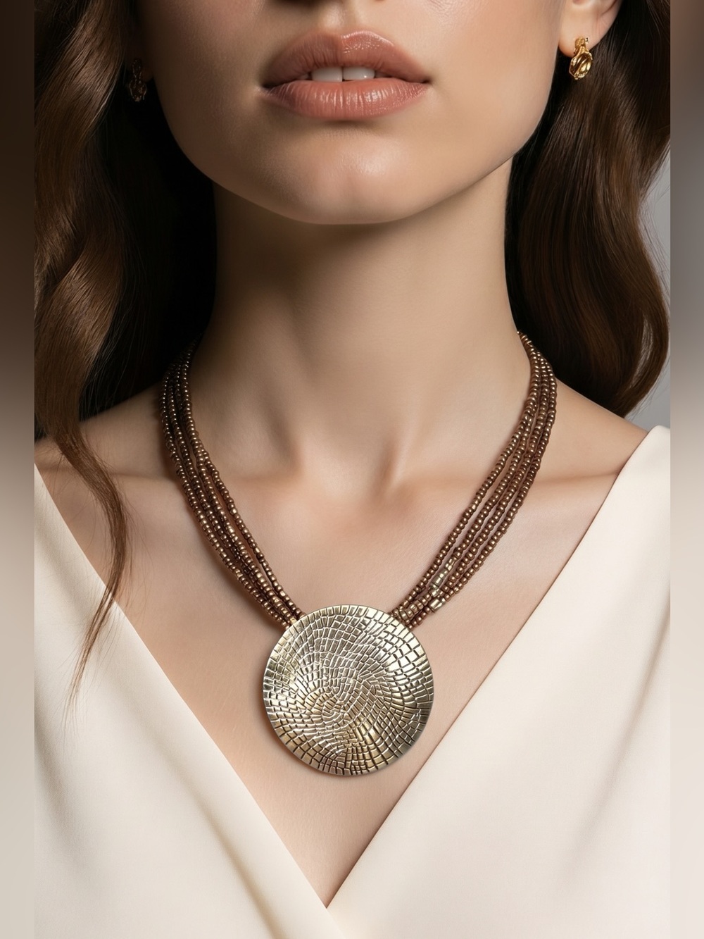 Designer Inspired Gold Tone Pendant Multi Strand Bronze Seed Bead Necklace